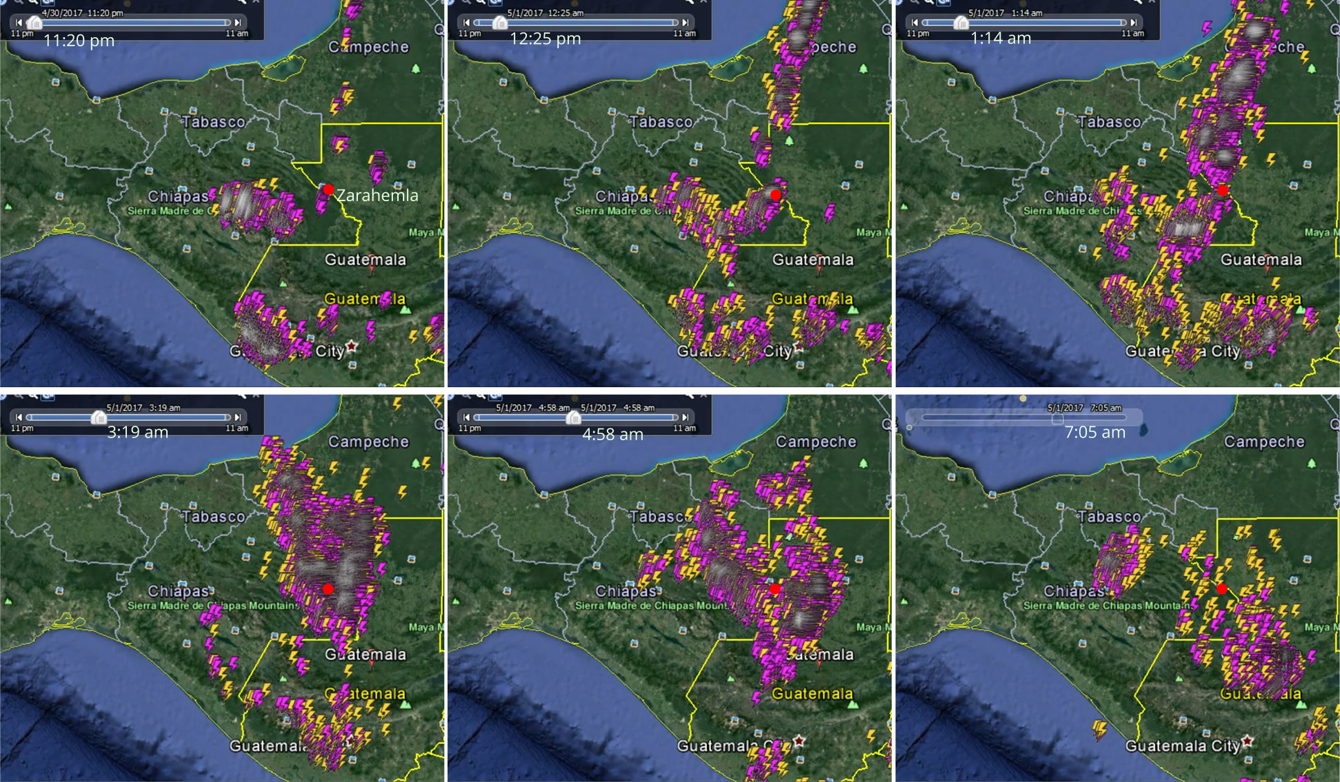 Map of Severe Lightning Strikes in Mexico and Guatemala on April 30 to May 1, 2017