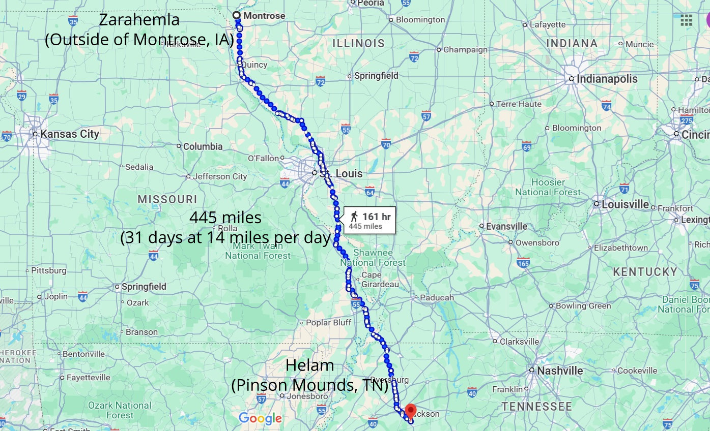 Distance from Mormon to Helam (Heartland Model)