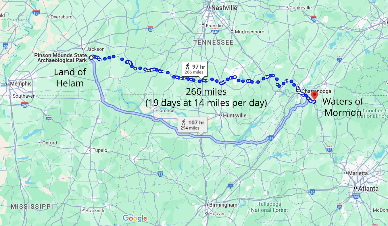 Distance from Mormon to Helam (Heartland Model)