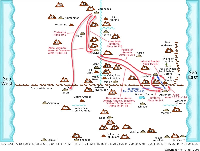 Alma, Ammon, etc. from Zarahemla to Melek on an internal map