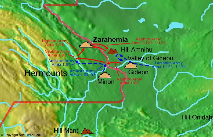 Amlicite and Nephite armies from Minon to Hermounts on a world map