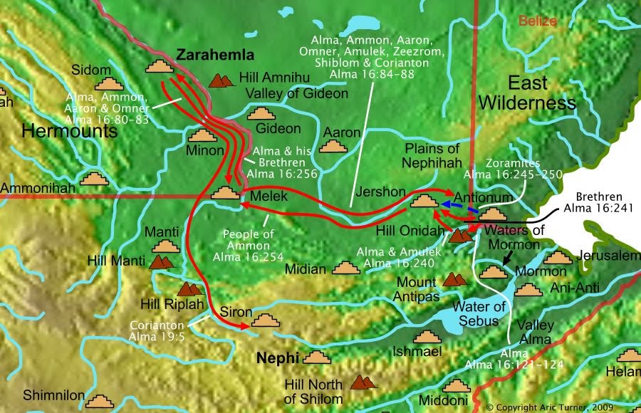 Alma, Ammon, etc. from Zarahemla to Melek on a world map