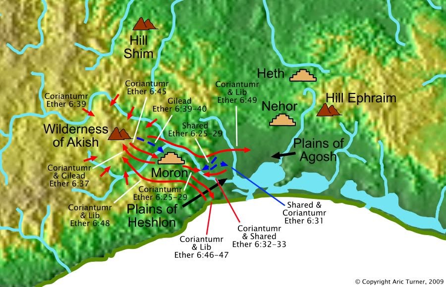 Battles between Coriantumr and Shared on a world map