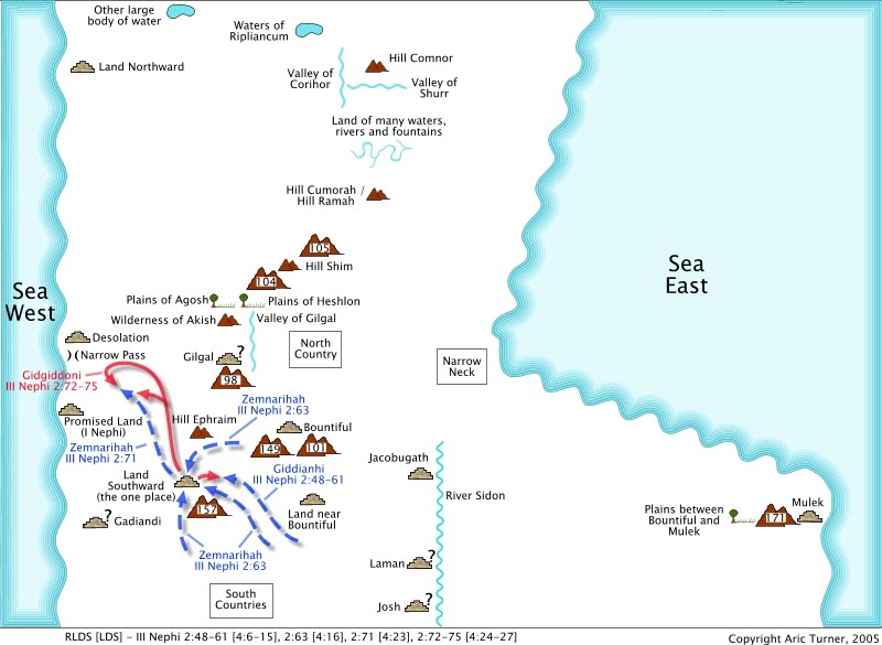 Battles between Giddianhi, Zemnarihah, and Gidgiddoni on an internal map