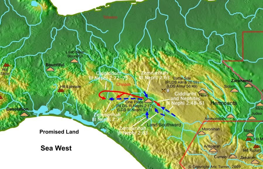 Battles between Giddianhi, Zemnarihah, and Gidgiddoni on a world map