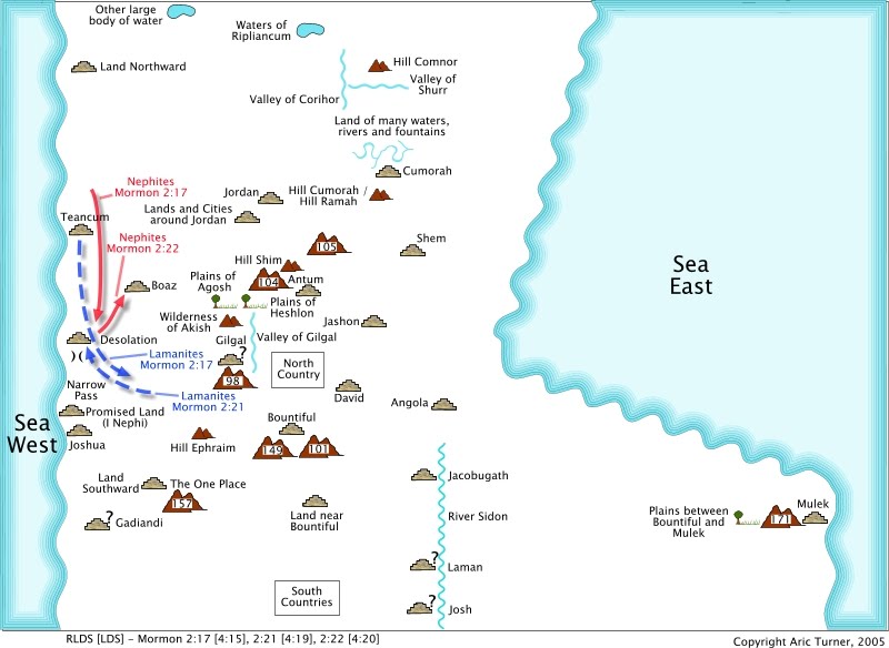 Nephites from Teancum to Desolation and Boaz on an internal map