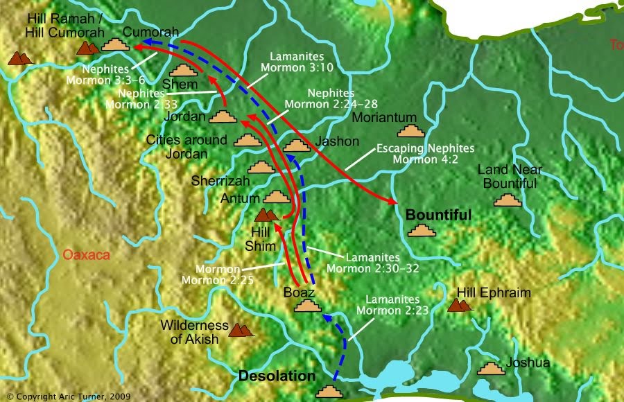 Nephites to Jordan and hill Cumorah on a world map