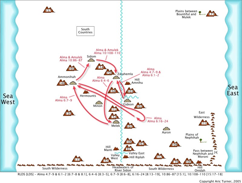 Alma from Zarahemla to Gideon on an internal map