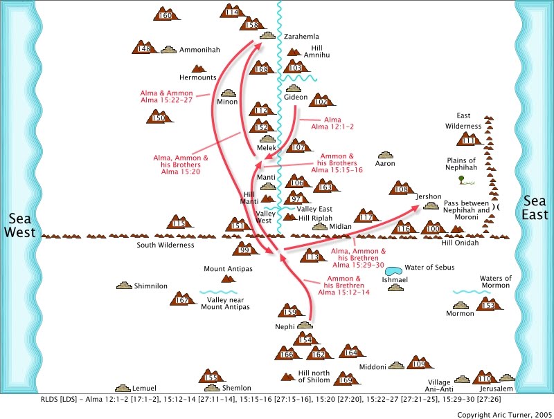 Ammon and brethren from Nephi to Zarahemla on an internal map