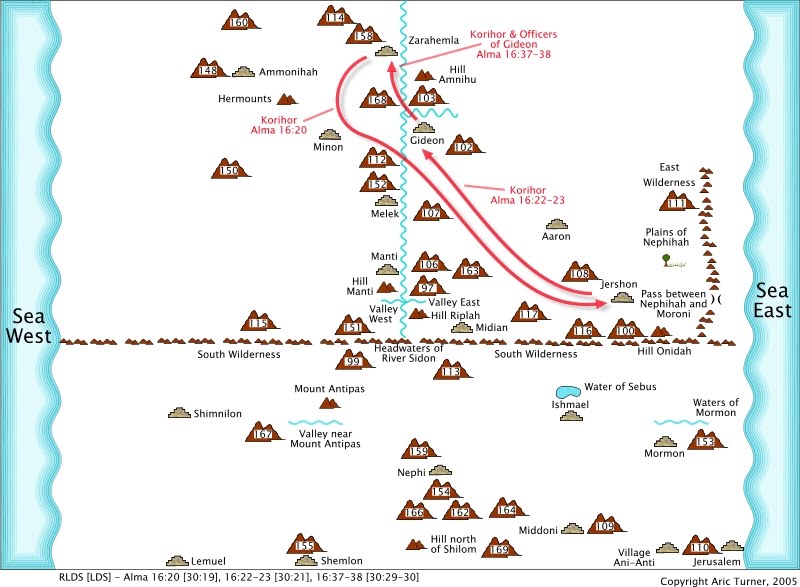 Korihor from Zarahemla to Jershon on an internal map