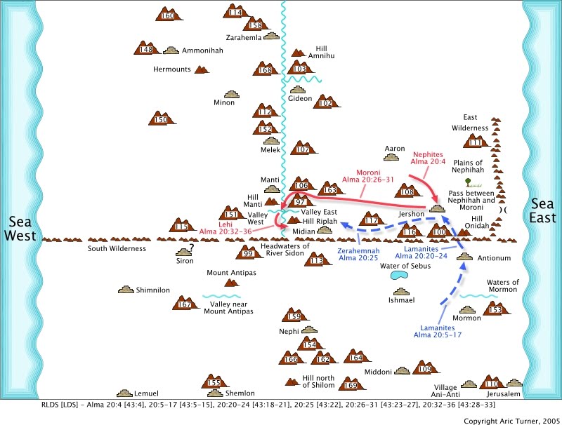 Moroni and Lamanites from Jershon to the valleys east and west on an internal map