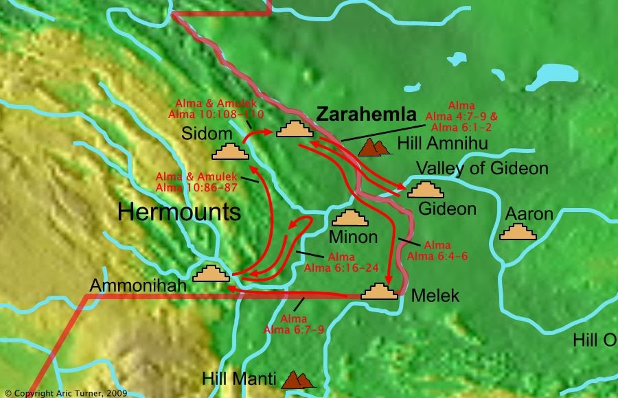 Alma from Zarahemla to Gideon on a world map