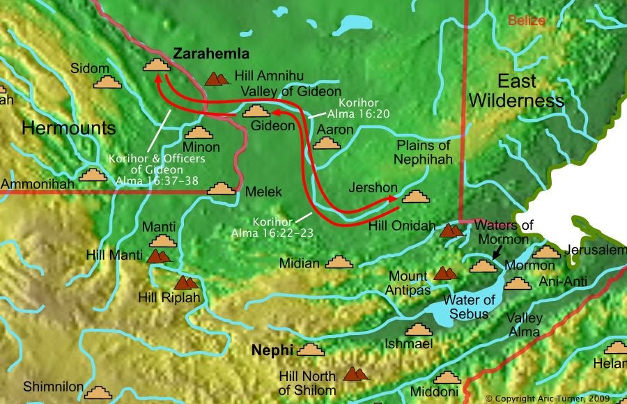 Korihor from Zarahemla to Jershon on a world map