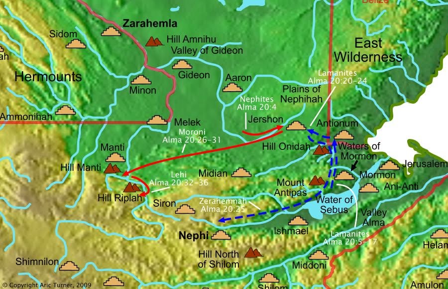 Moroni and Lamanites from Jershon to the valleys east and west on a world map