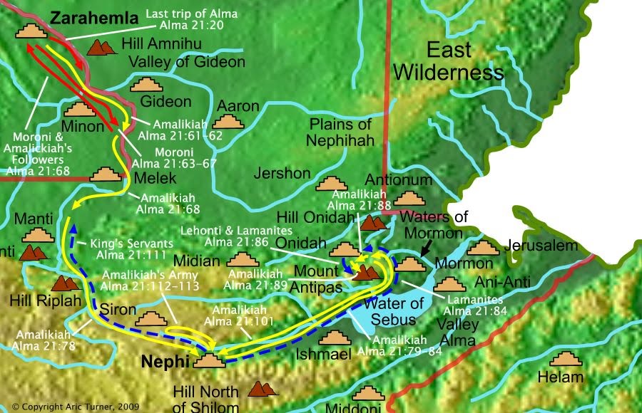 Moroni, Amalilkiah, etc from Zarahemla to Nephi on a world map