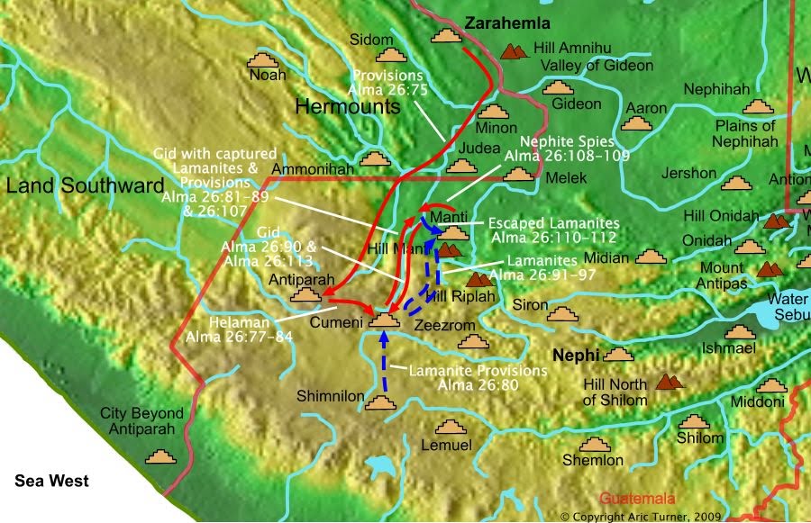 Gid and Helaman from Antiparah to Cumeni on a world map