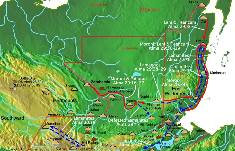 Moroni from Zarahemla to Nephihah on a world map