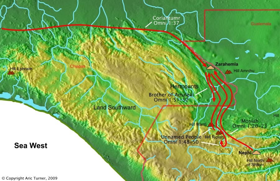 Travel between Zarahemla and Nephi on a world map